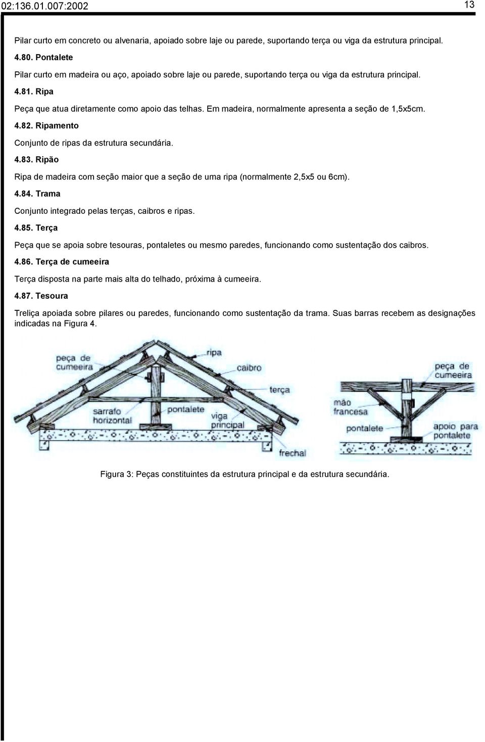 Em madeira, normalmente apresenta a seção de 1,5x5cm. 4.82. Ripamento Conjunto de ripas da estrutura secundária. 4.83.