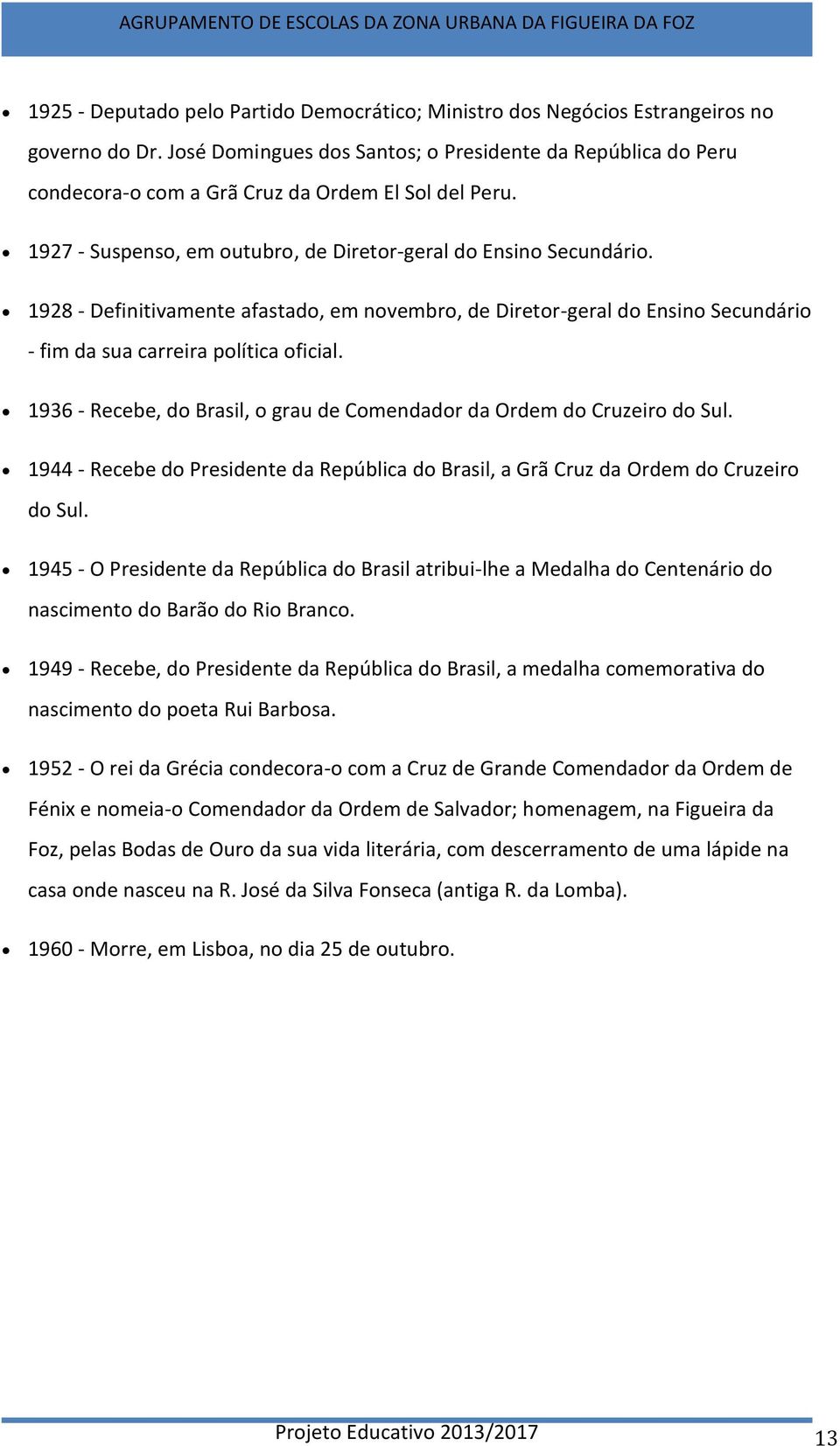 1928 - Definitivamente afastado, em novembro, de Diretor-geral do Ensino Secundário - fim da sua carreira política oficial. 1936 - Recebe, do Brasil, o grau de Comendador da Ordem do Cruzeiro do Sul.
