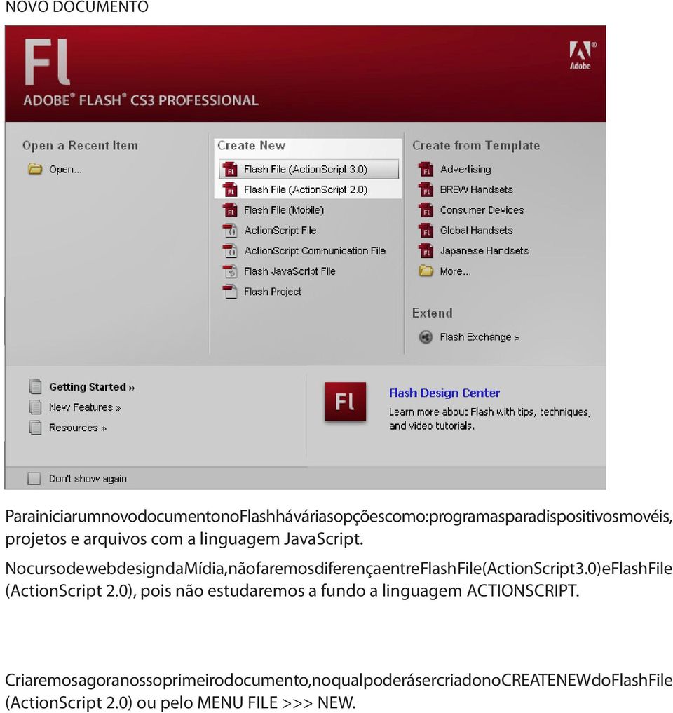 No curso de web design da Mídia, não faremos diferença entre Flash File (ActionScript 3.0) e Flash File (ActionScript 2.