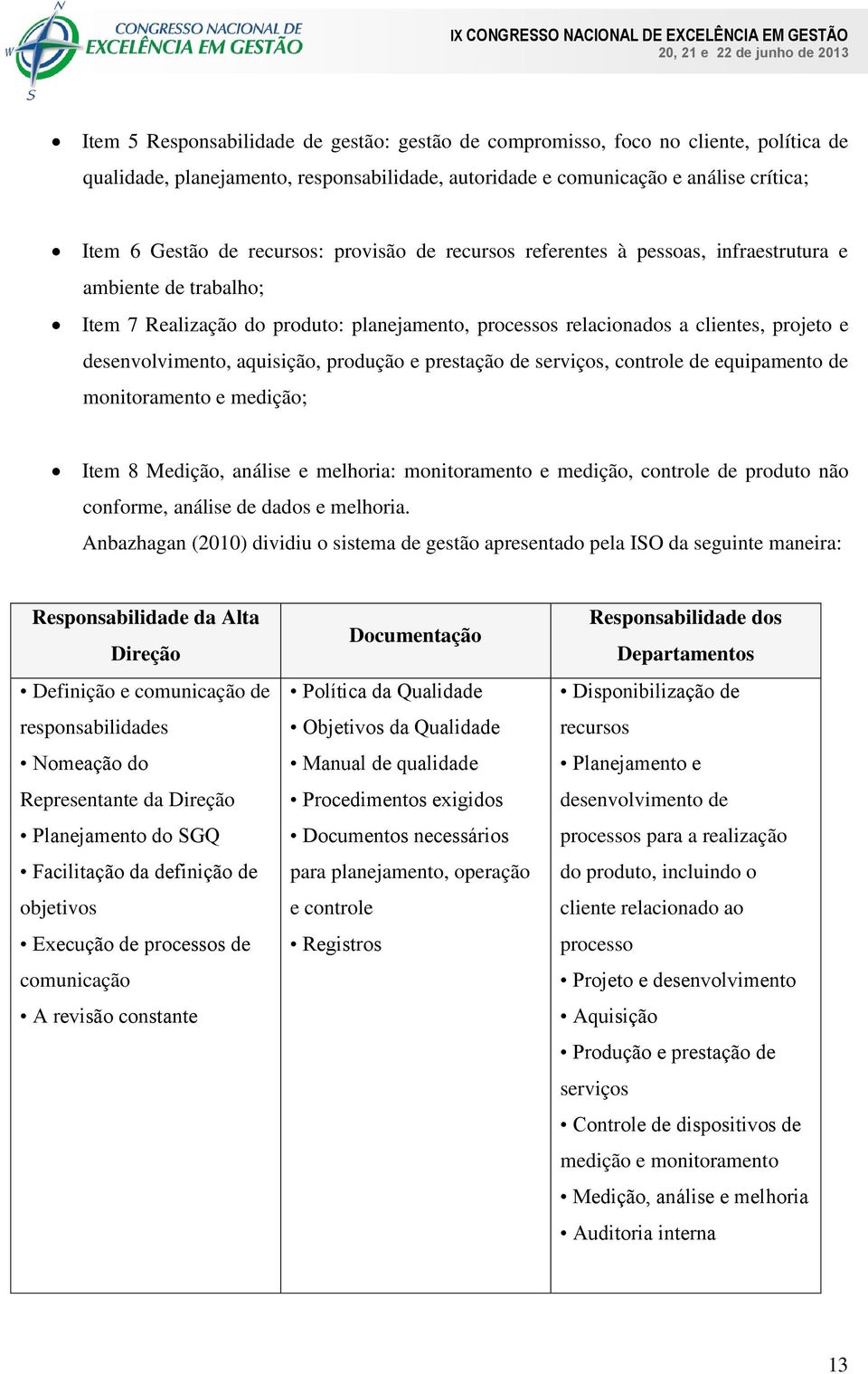 aquisição, produção e prestação de serviços, controle de equipamento de monitoramento e medição; Item 8 Medição, análise e melhoria: monitoramento e medição, controle de produto não conforme, análise