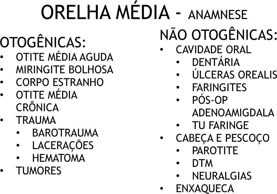 TUMORES NÃO OTOGÊNICAS: CAVIDADE ORAL DENTÁRIA ÚLCERAS OREALIS FARINGITES