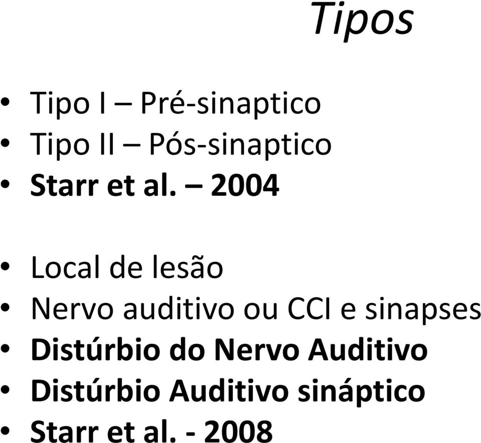 2004 Tipos Local de lesão Nervo auditivo ou CCI