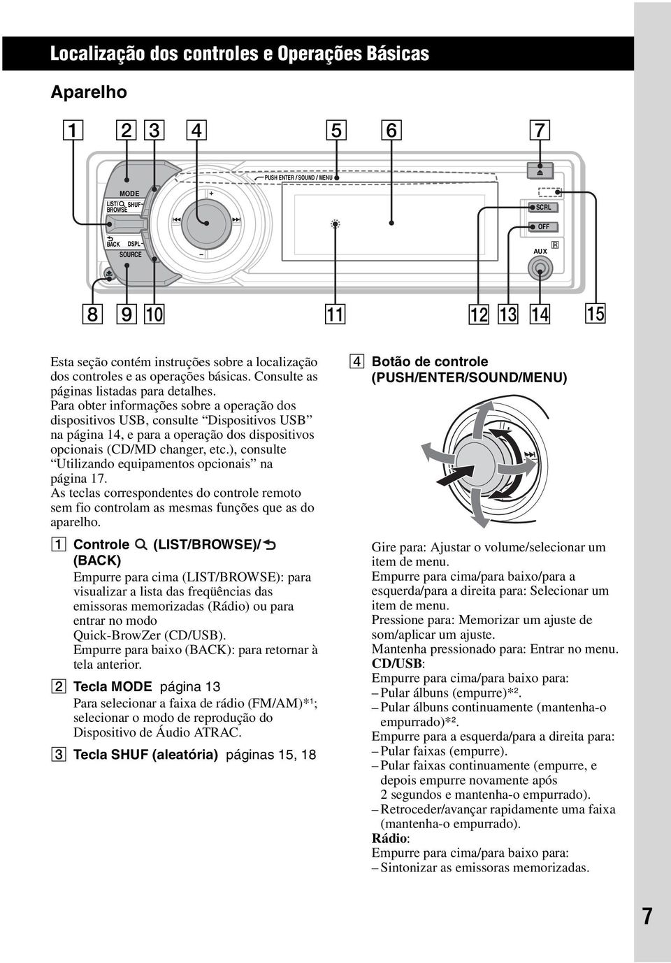 Para obter informações sobre a operação dos dispositivos USB, consulte Dispositivos USB na página 14, e para a operação dos dispositivos opcionais (CD/MD changer, etc.