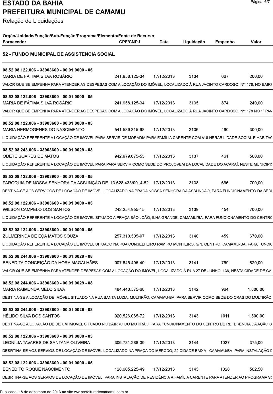 125-34 3135 874 240,00 VALOR QUE SE EMPENHA PARA ATENDER AS DESPESAS COM A LOCAÇÃO DO IMÓVEL, LOCALIZADO À RUA JACINTO CARDOSO, Nº: 178 NO 1º PAVIME MARIA HERMOGENES DO NASCIMENTO 541.589.