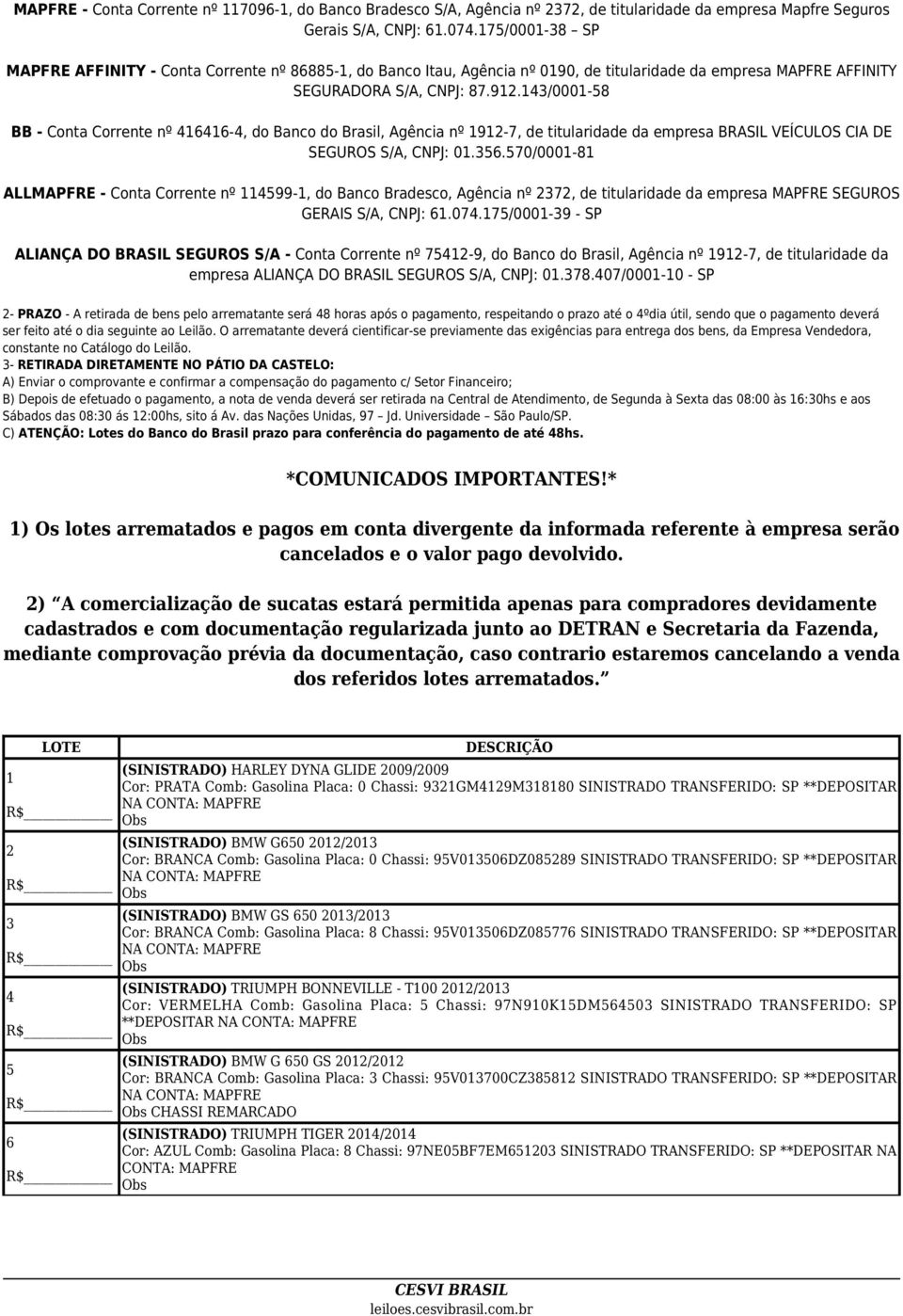 143/0001-58 BB - Conta Corrente nº 416416-4, do Banco do Brasil, Agência nº 1912-7, de titularidade da empresa BRASIL VEÍCULOS CIA DE SEGUROS S/A, CNPJ: 01.356.