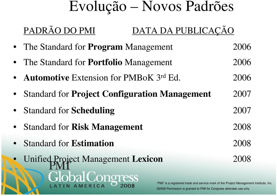 2006 Standard for Project Configuration Management 2007 Standard for Scheduling 2007