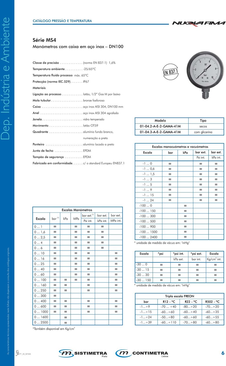 ....................... aço inox AISI 304 agrafado Janela....................... vidro temperado Movimento................... latão OT9 Quadrante................... alumínio fundo branco, numeração a preto EN 837.