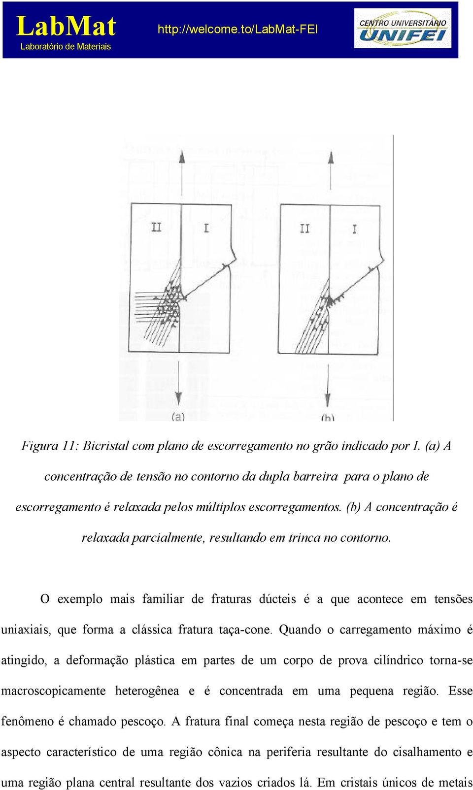 (b) A concentração é relaxada parcialmente, resultando em trinca no contorno. O exemplo mais familiar de fraturas dúcteis é a que acontece em tensões uniaxiais, que forma a clássica fratura taça-cone.