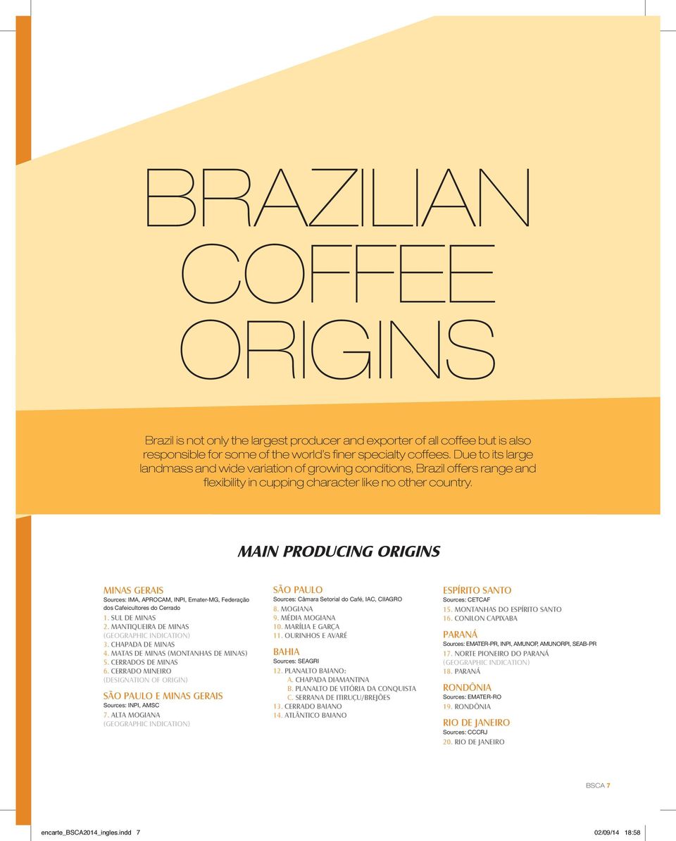 MAIN PRODUCING origins Minas Gerais Sources: IMA, APROCAM, INPI, Emater-MG, Federação dos Cafeicultores do Cerrado 1. Sul de Minas 2. Mantiqueira de Minas (Geographic Indication) 3.