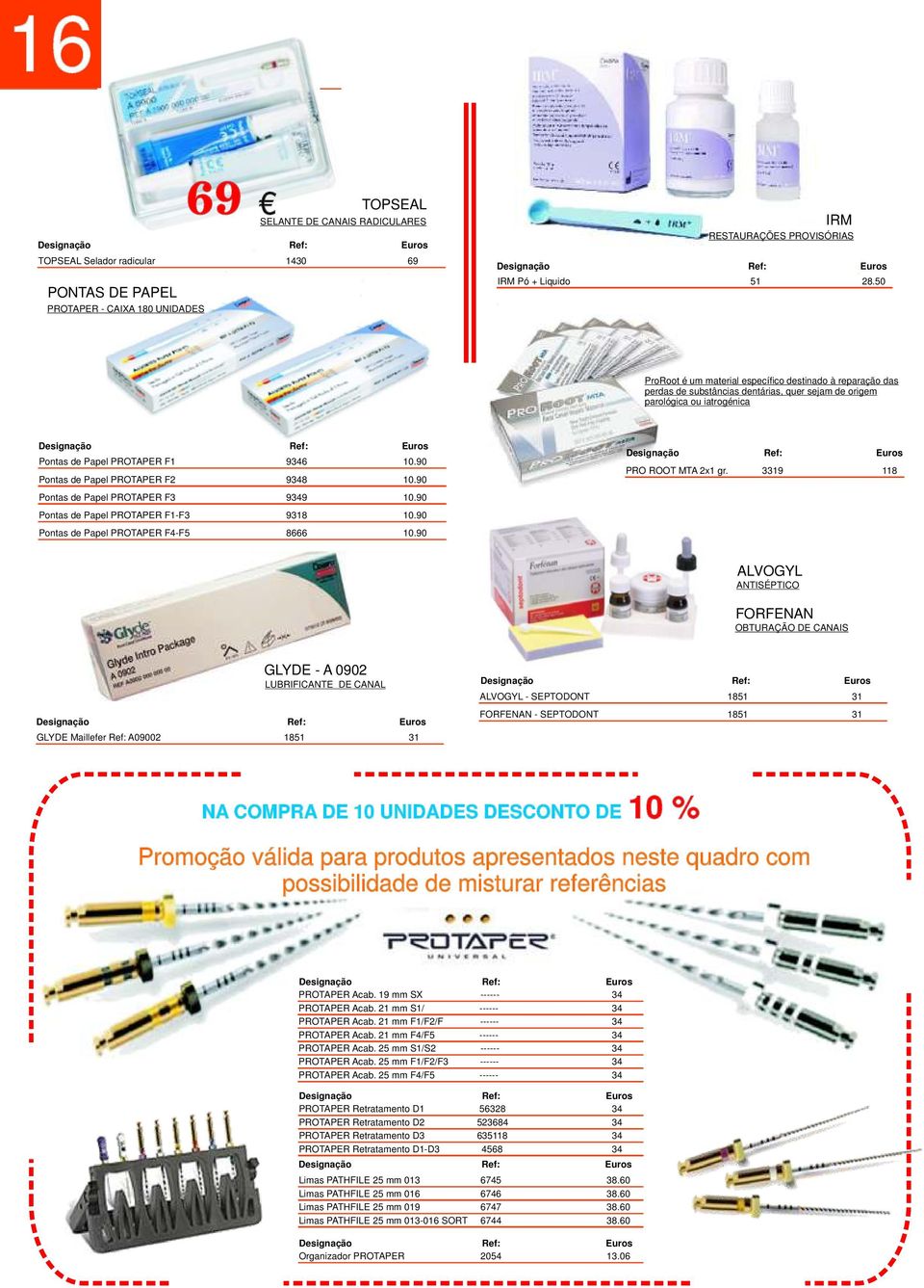 90 Pontas de Papel PROTAPER F2 9348 10.90 Pontas de Papel PROTAPER F3 9349 10.90 Pontas de Papel PROTAPER F1-F3 9318 10.90 Pontas de Papel PROTAPER F4-F5 8666 10.90 PRO ROOT MTA 2x1 gr.