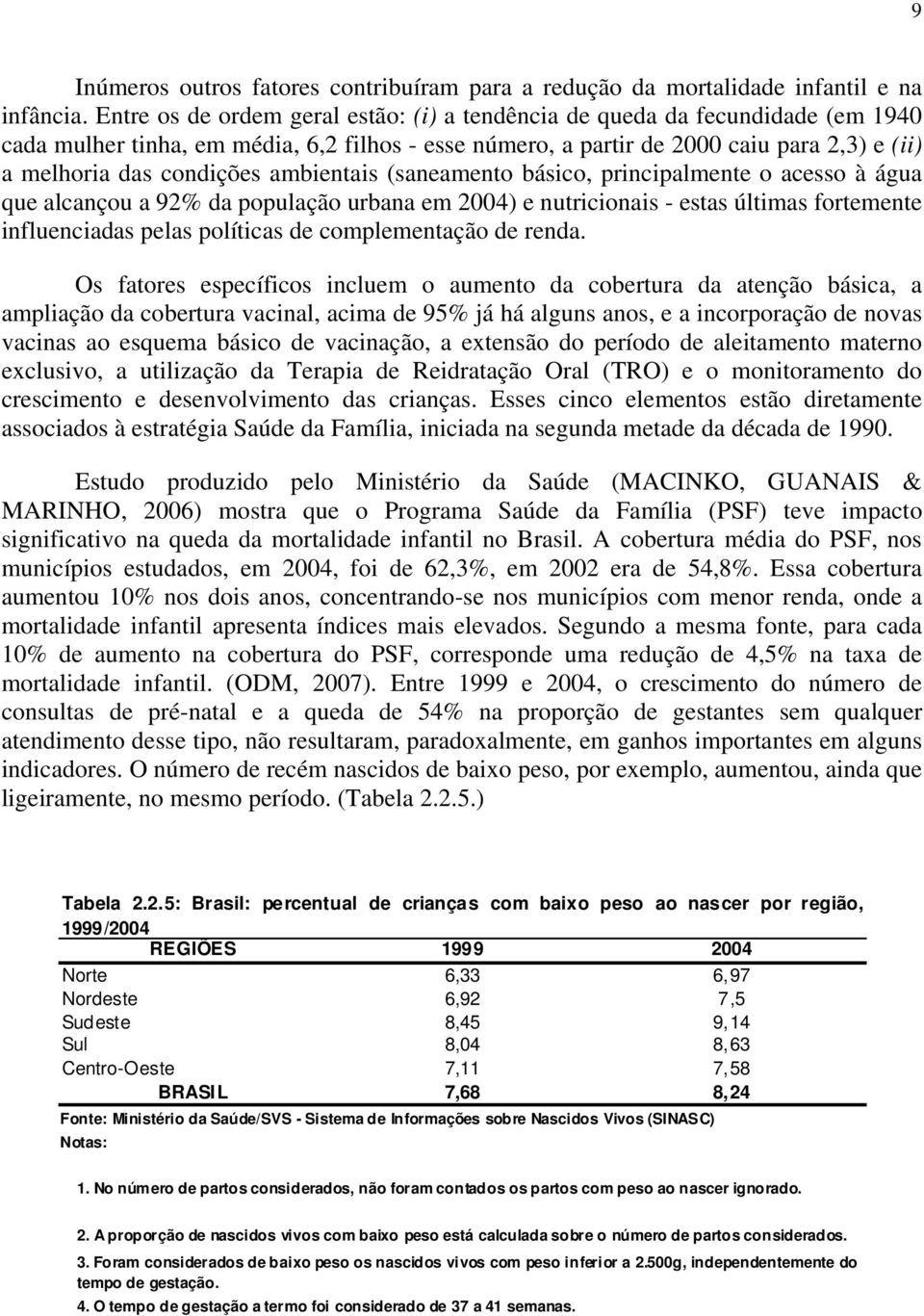 ambientais (saneamento básico, principalmente o acesso à água que alcançou a 92% da população urbana em 2004) e nutricionais - estas últimas fortemente influenciadas pelas políticas de complementação