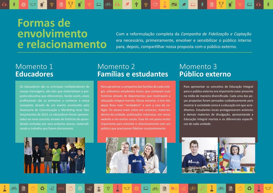 Momento 1 Educadores Momento 2 Famílias e estudantes Momento 3 Público externo Os educadores são os principais multiplicadores de nossas mensagens, são eles que materializam a proposta educativa que