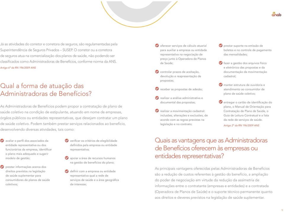 Artigo 6º da RN 196/2009 ANS Qual a forma de atuação das Administradoras de Benefícios?