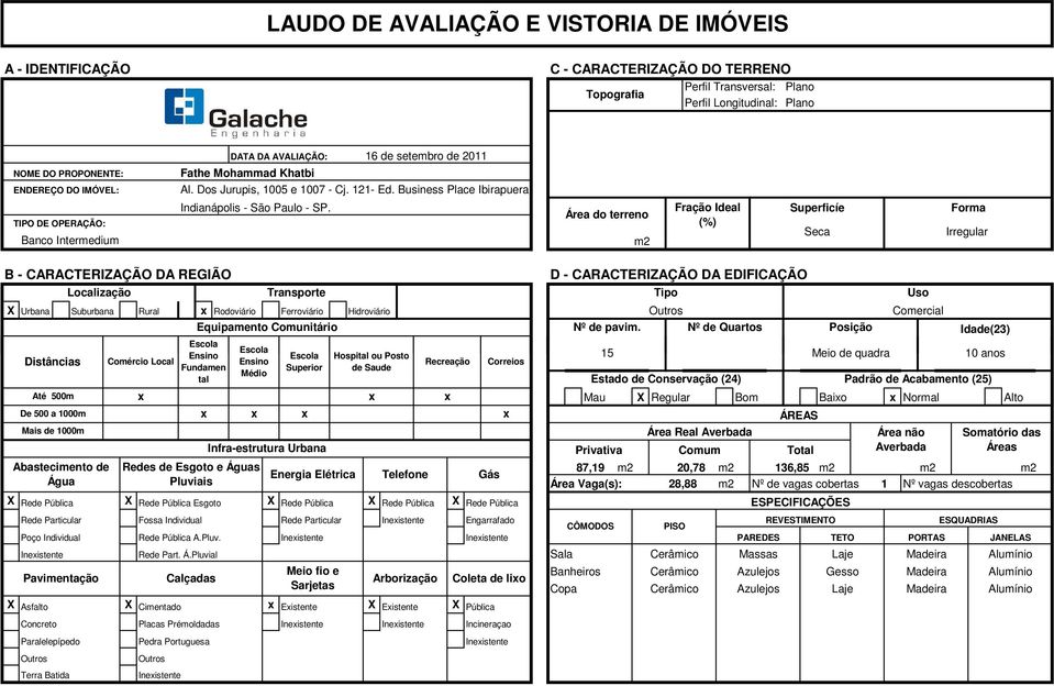 Área do terreno m2 Fração Ideal (%) Superficíe Seca Forma Irregular B - CARACTERIZAÇÃO DA REGIÃO Localização Transporte Tipo X Urbana Suburbana Rural x Rodoviário Ferroviário Hidroviário Distâncias