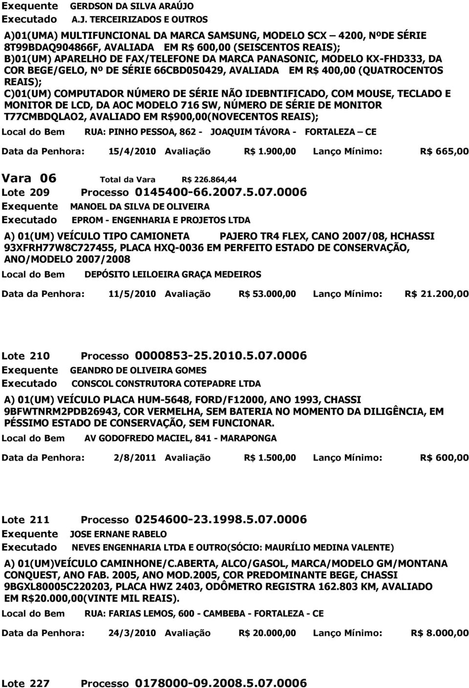 TERCEIRIZADOS E OUTROS A)01(UMA) MULTIFUNCIONAL DA MARCA SAMSUNG, MODELO SCX 4200, NºDE SÉRIE 8T99BDAQ904866F, AVALIADA EM R$ 600,00 (SEISCENTOS REAIS); B)01(UM) APARELHO DE FAX/TELEFONE DA MARCA