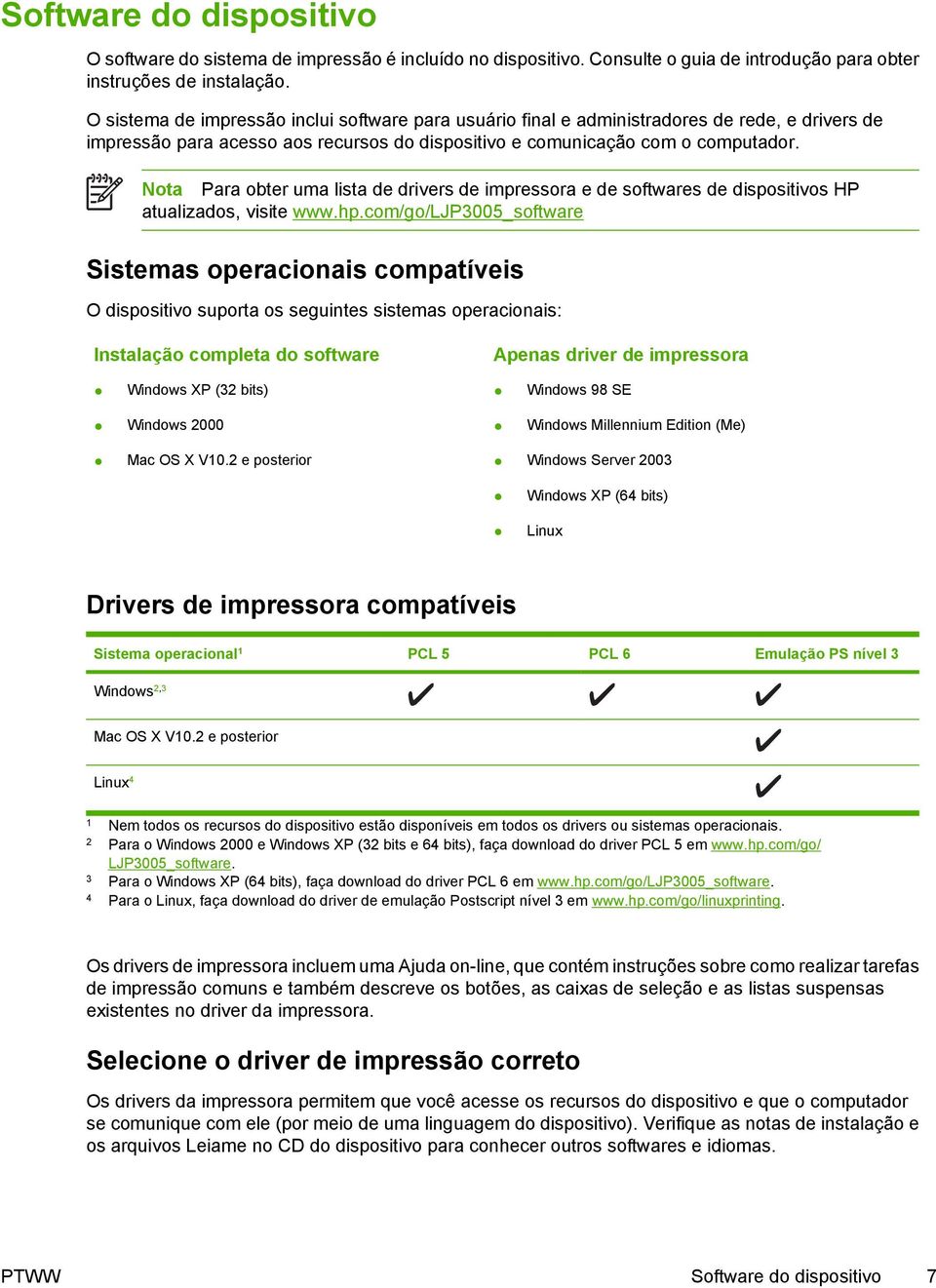 Nota Para obter uma lista de drivers de impressora e de softwares de dispositivos HP atualizados, visite www.hp.