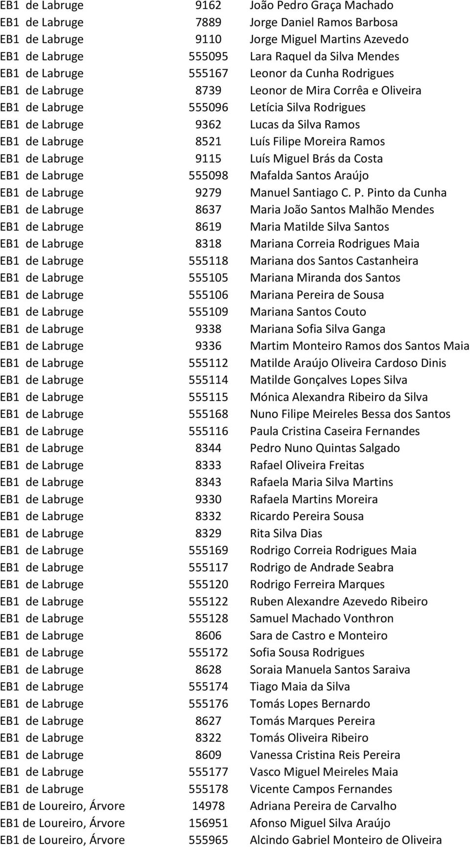 8521 Luís Filipe Moreira Ramos EB1 de Labruge 9115 Luís Miguel Brás da Costa EB1 de Labruge 555098 Mafalda Santos Araújo EB1 de Labruge 9279 Manuel Santiago C. P.