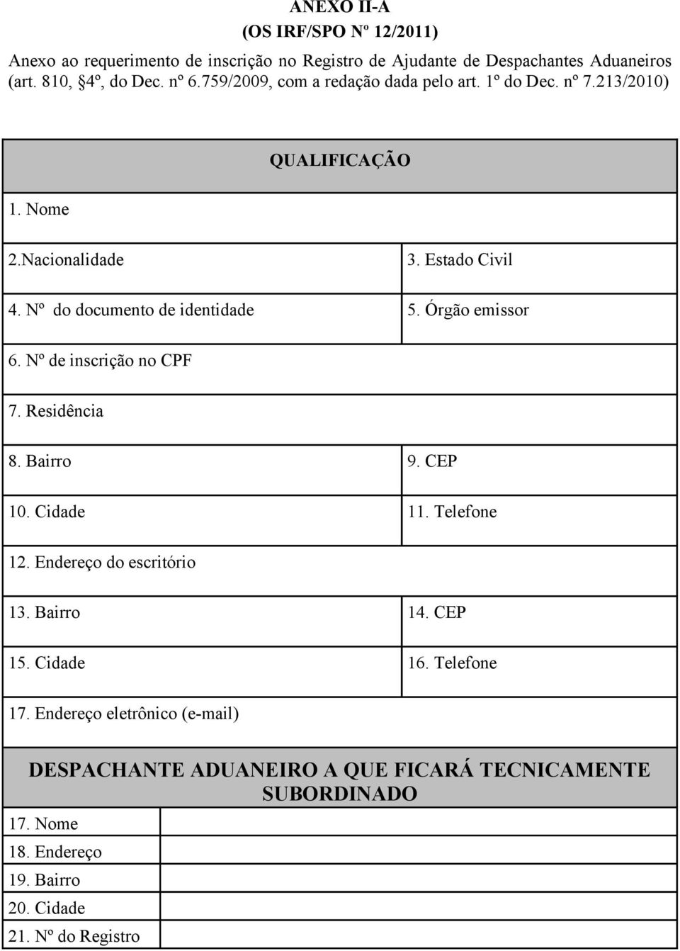 Nº do documento de identidade 5. Órgão emissor 6. Nº de inscrição no CPF 7. Residência 8. Bairro 9. CEP 10. Cidade 11. Telefone 12.