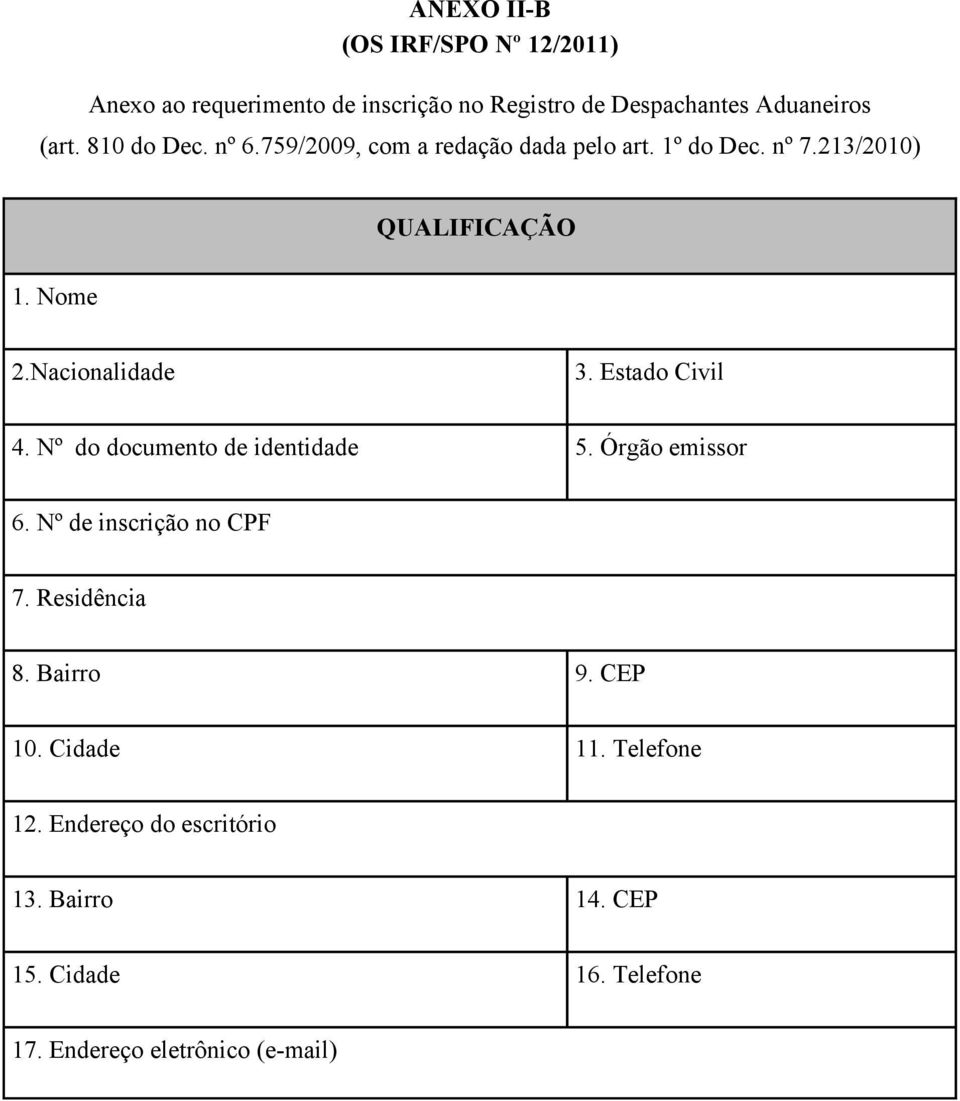 Estado Civil 4. Nº do documento de identidade 5. Órgão emissor 6. Nº de inscrição no CPF 7. Residência 8. Bairro 9.