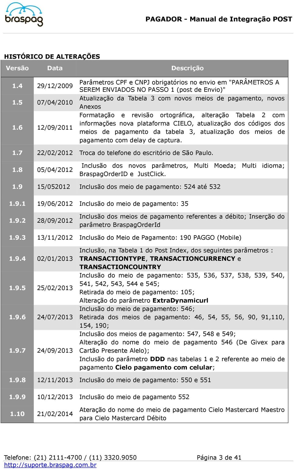 revisão ortográfica, alteração Tabela 2 com informações nova plataforma CIELO, atualização dos códigos dos meios de pagamento da tabela 3, atualização dos meios de pagamento com delay de captura. 1.