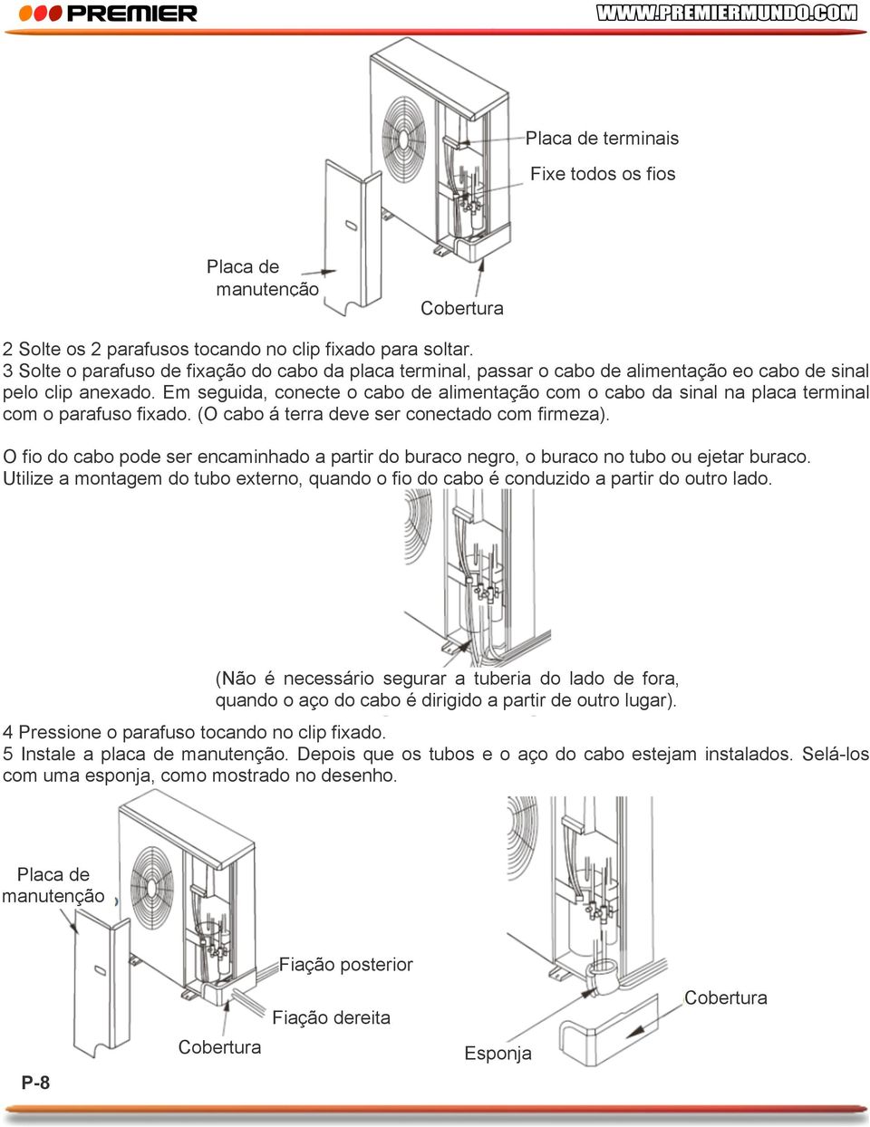 Em seguida, conecte o cabo de alimentação com o cabo da sinal na placa terminal com o parafuso fixado. (O cabo á terra deve ser conectado com firmeza).