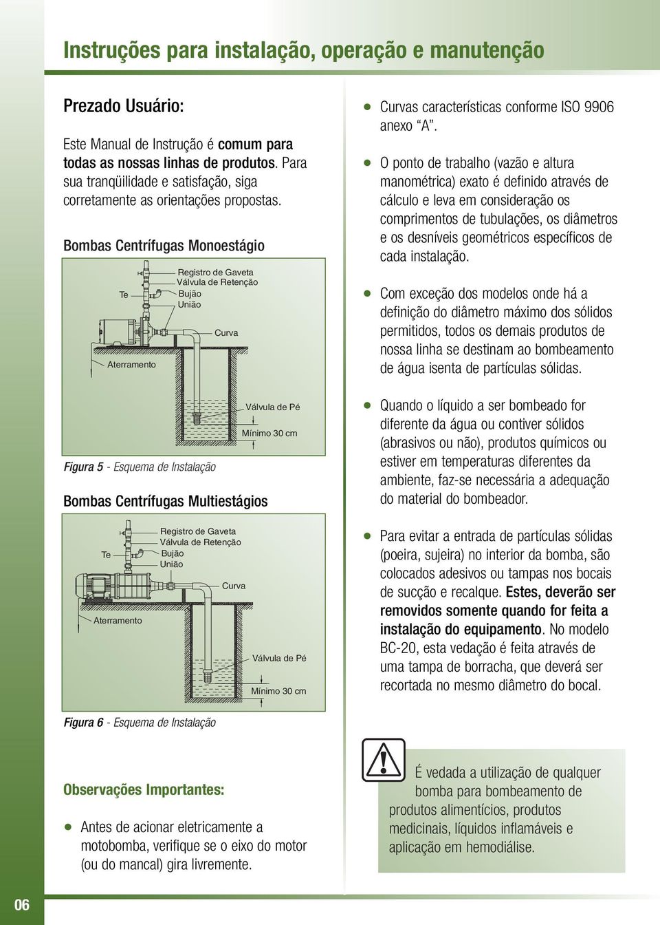 Bombas Centrífugas Monoestágio Te Aterramento Figura 5 - Esquema de Instalação Registro de Gaveta Válvula de Retenção Bujão União Curva Bombas Centrífugas Multiestágios Válvula de Pé Mínimo 30 cm