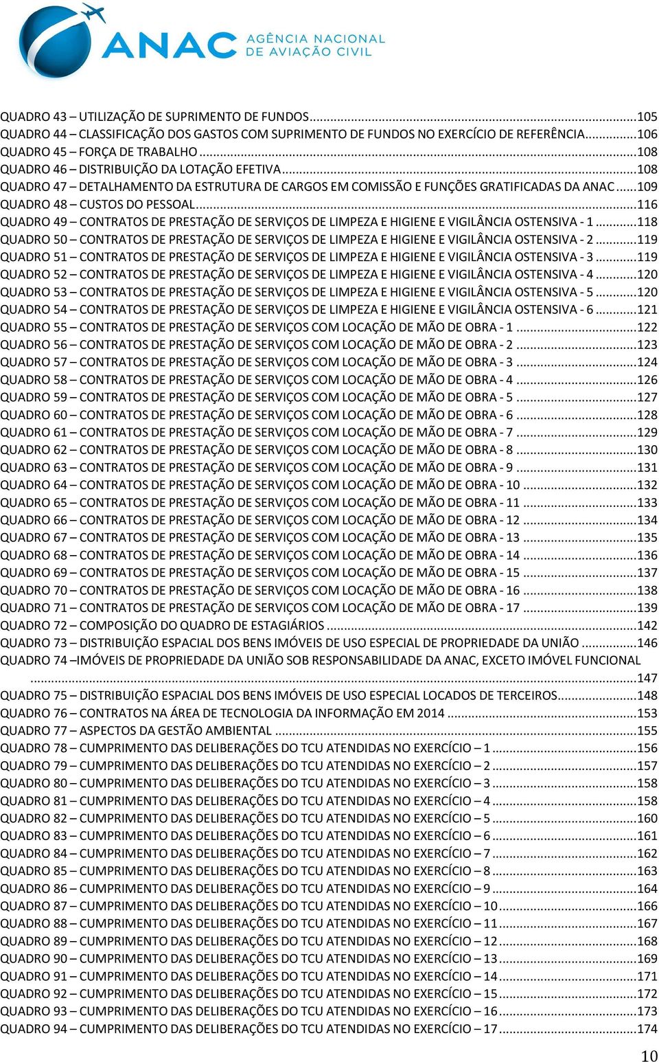 .. 116 QUADRO 49 CONTRATOS DE PRESTAÇÃO DE SERVIÇOS DE LIMPEZA E HIGIENE E VIGILÂNCIA OSTENSIVA - 1... 118 QUADRO 50 CONTRATOS DE PRESTAÇÃO DE SERVIÇOS DE LIMPEZA E HIGIENE E VIGILÂNCIA OSTENSIVA - 2.