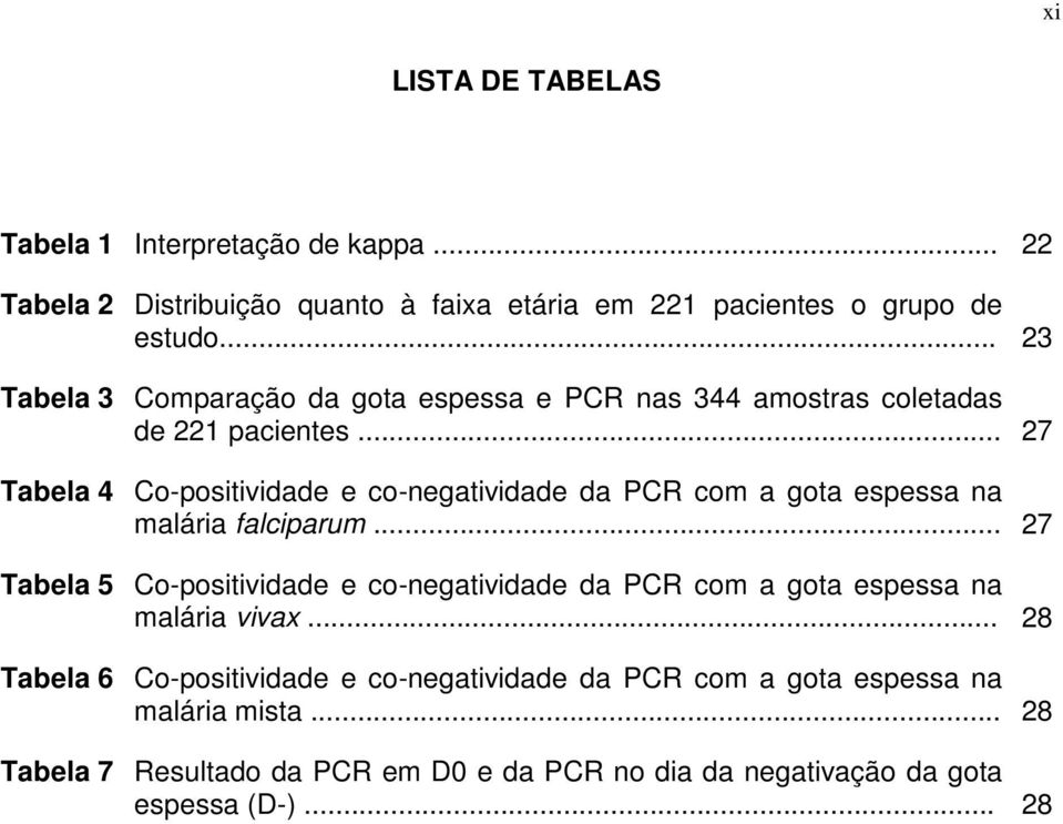 .. 27 Tabela 4 Co-positividade e co-negatividade da PCR com a gota espessa na malária falciparum.