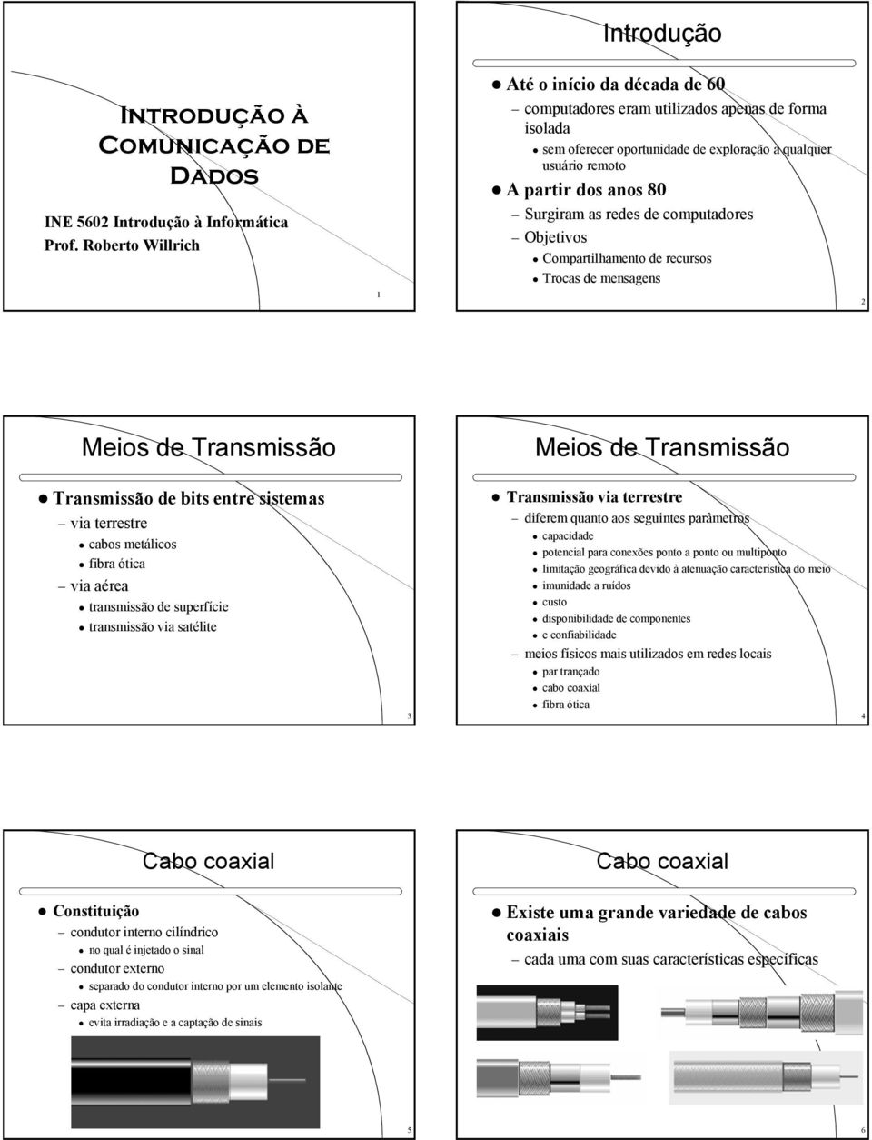 redes de computadores Objetivos Compartilhamento de recursos Trocas de mensagens 2 Meios de Transmissão Meios de Transmissão Transmissão de bits entre sistemas via terrestre cabos metálicos fibra