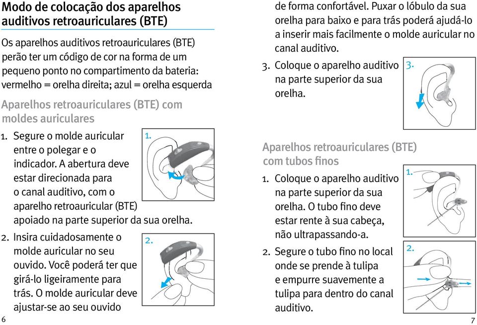 A abertura deve estar direcionada para o canal auditivo, com o aparelho retroauricular (BTE) apoiado na parte superior da sua orelha. 2. Insira cuidadosamente o 2. molde auricular no seu ouvido.