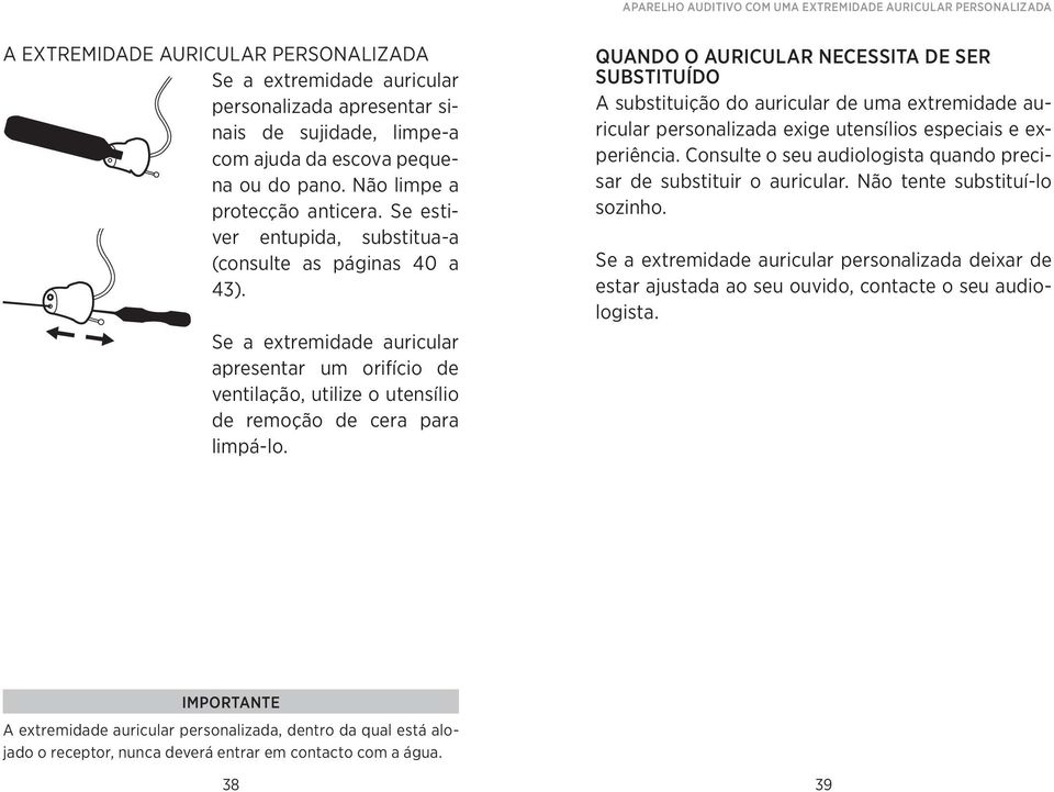 Se a extremidade auricular apresentar um orifício de ventilação, utilize o utensílio de remoção de cera para limpá-lo.