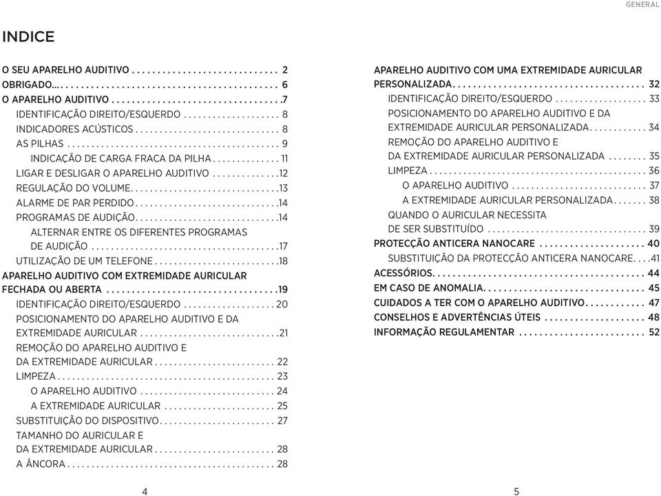 ............. 11 Ligar e desligar o aparelho auditivo............. 12 Regulação do volume.............................. 13 ALARME DE PAR PERDIDO............................. 14 Programas de audição.