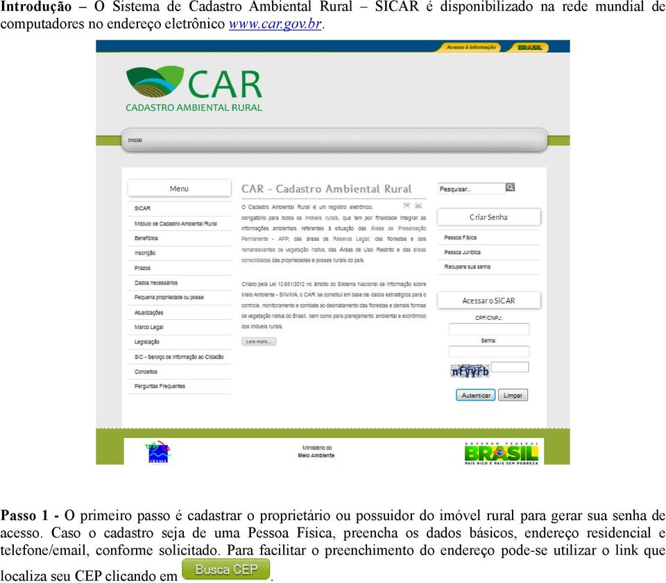 Passo 1 - O primeiro passo é cadastrar o proprietário ou possuidor do imóvel rural para gerar sua senha de acesso.