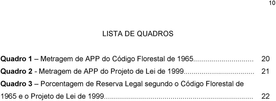 .. 20 Quadro 2 - Metragem de APP do Projeto de Lei de 1999.