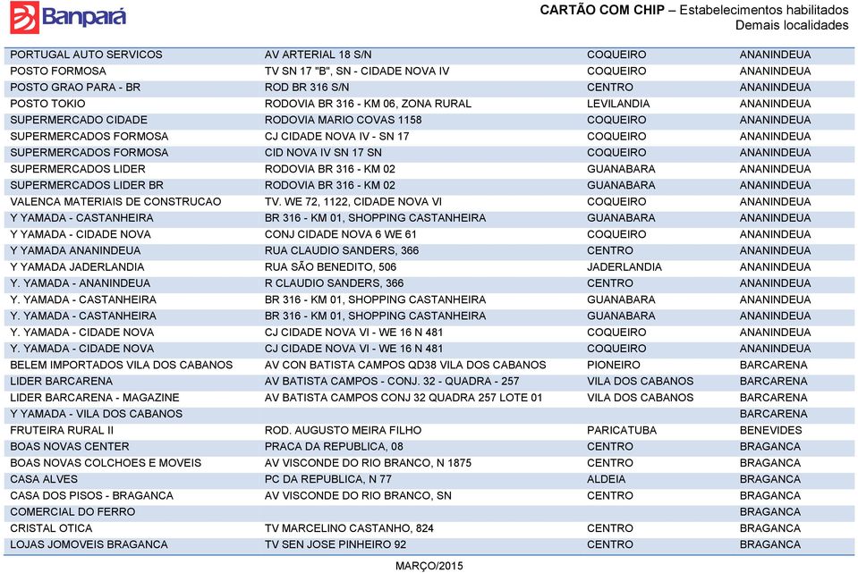 SUPERMERCADOS FORMOSA CID NOVA IV SN 17 SN COQUEIRO ANANINDEUA SUPERMERCADOS LIDER RODOVIA BR 316 - KM 02 GUANABARA ANANINDEUA SUPERMERCADOS LIDER BR RODOVIA BR 316 - KM 02 GUANABARA ANANINDEUA