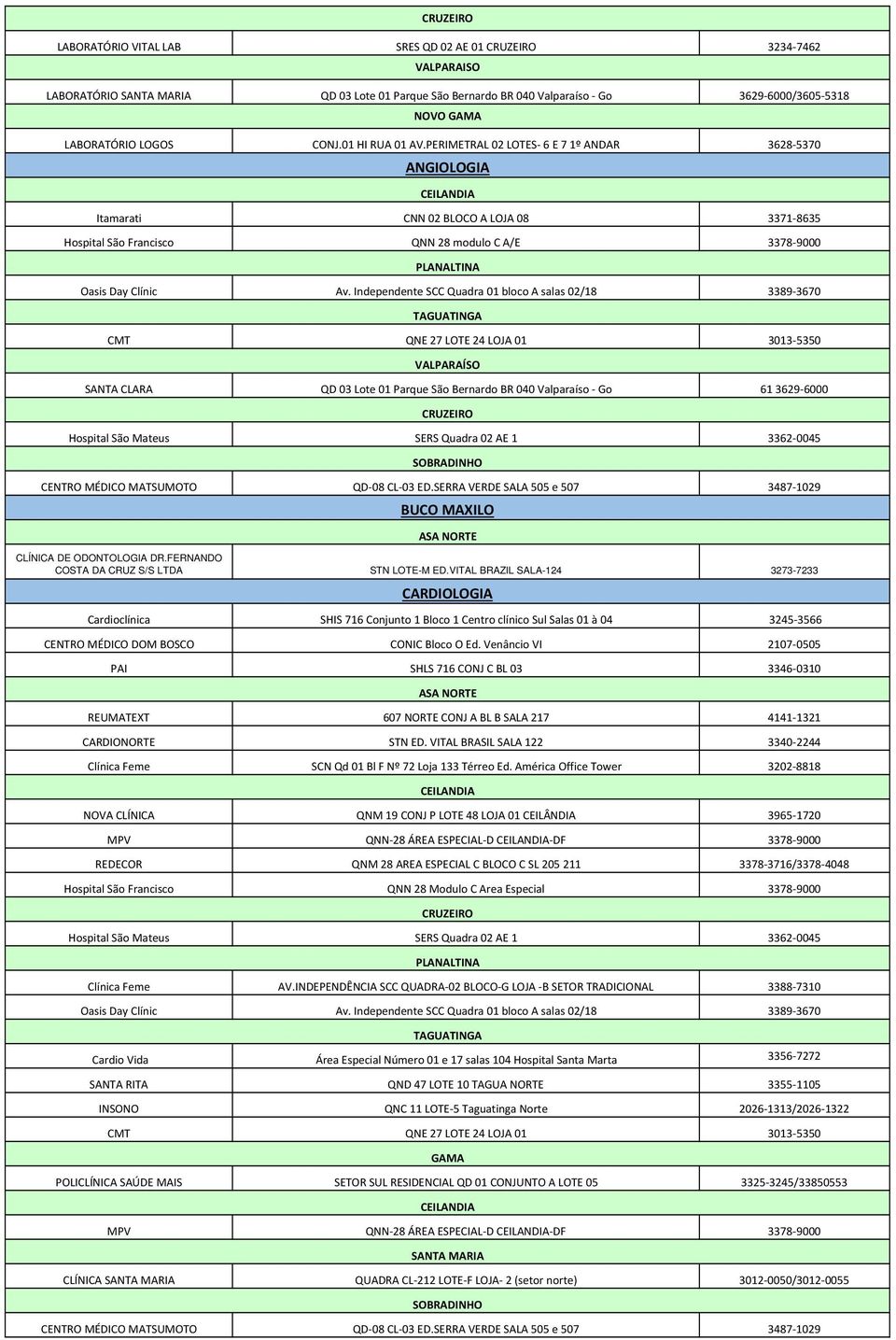 PERIMETRAL 02 LOTES- 6 E 7 1º ANDAR 3628-5370 ANGIOLOGIA Itamarati CNN 02 BLOCO A LOJA 08 3371-8635 Hospital São Francisco QNN 28 modulo C A/E 3378-9000 PLANALTINA Oasis Day Clínic Av.