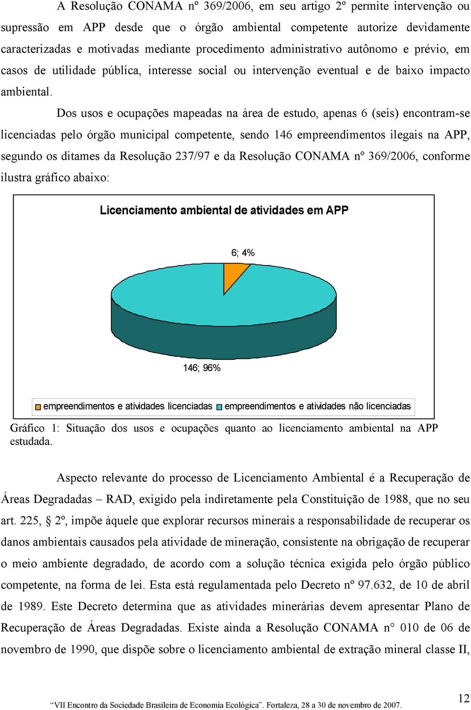 Dos usos e ocupações mapeadas na área de estudo, apenas 6 (seis) encontram-se licenciadas pelo órgão municipal competente, sendo 146 empreendimentos ilegais na APP, segundo os ditames da Resolução