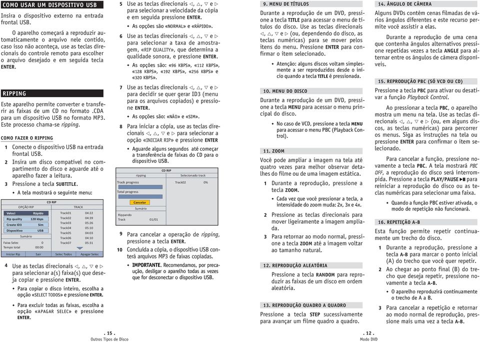 RIPPING Este aparelho permite converter e transferir as faixas de um CD no formato.cda para um dispositivo USB no formato MP3. Este processo chama-se ripping.