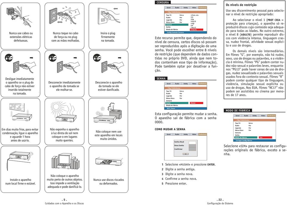 Desconecte o aparelho da tomada se ele estiver danificado. CENSURA Este recurso permite que, dependendo do nível de censura, certos discos só possam ser reproduzidos após a digitação de uma senha.