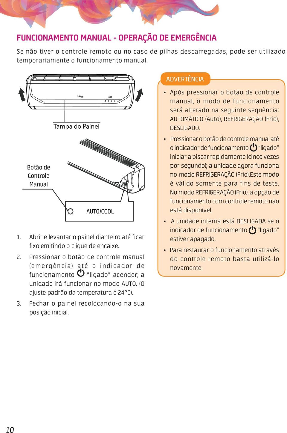 Pressionar o botão de controle manual (emergência) até o indicador de funcionamento ligado acender; a unidade irá funcionar no modo AUTO. (O ajuste padrão da temperatura é 24 C). 3.