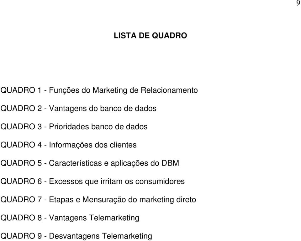 Características e aplicações do DBM QUADRO 6 - Excessos que irritam os consumidores QUADRO 7 -