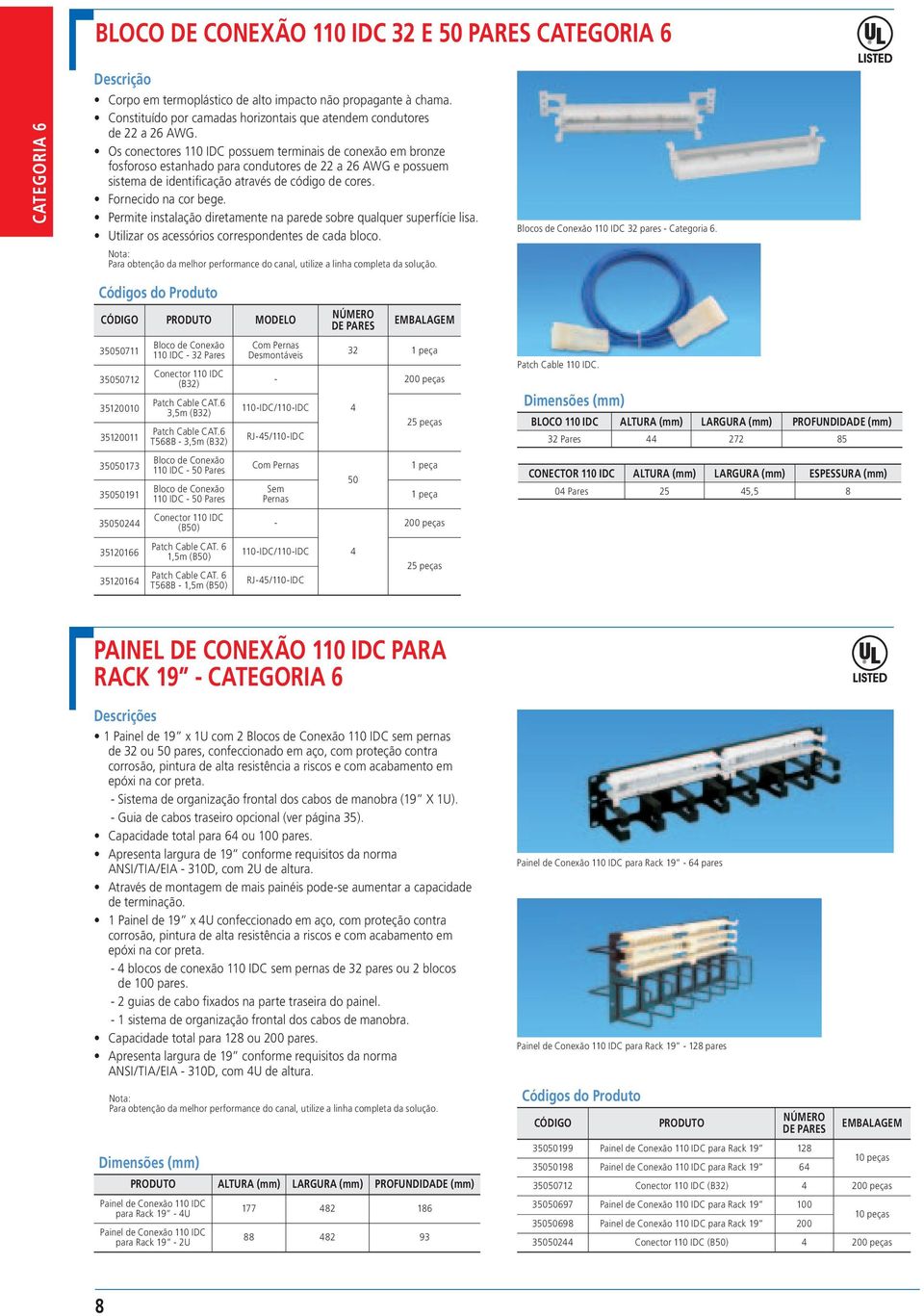 Permite instalação diretamente na parede sobre qualquer superfície lisa. Utilizar os acessórios correspondentes de cada bloco. Blocos de Conexão 110 IDC 32 pares - Categoria 6.