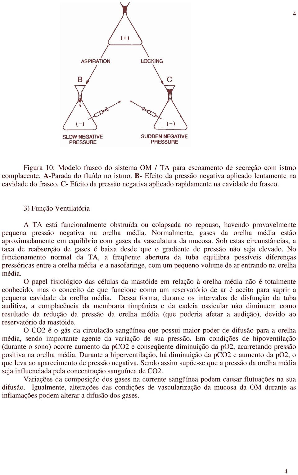 3) Função Ventilatória A TA está funcionalmente obstruída ou colapsada no repouso, havendo provavelmente pequena pressão negativa na orelha média.