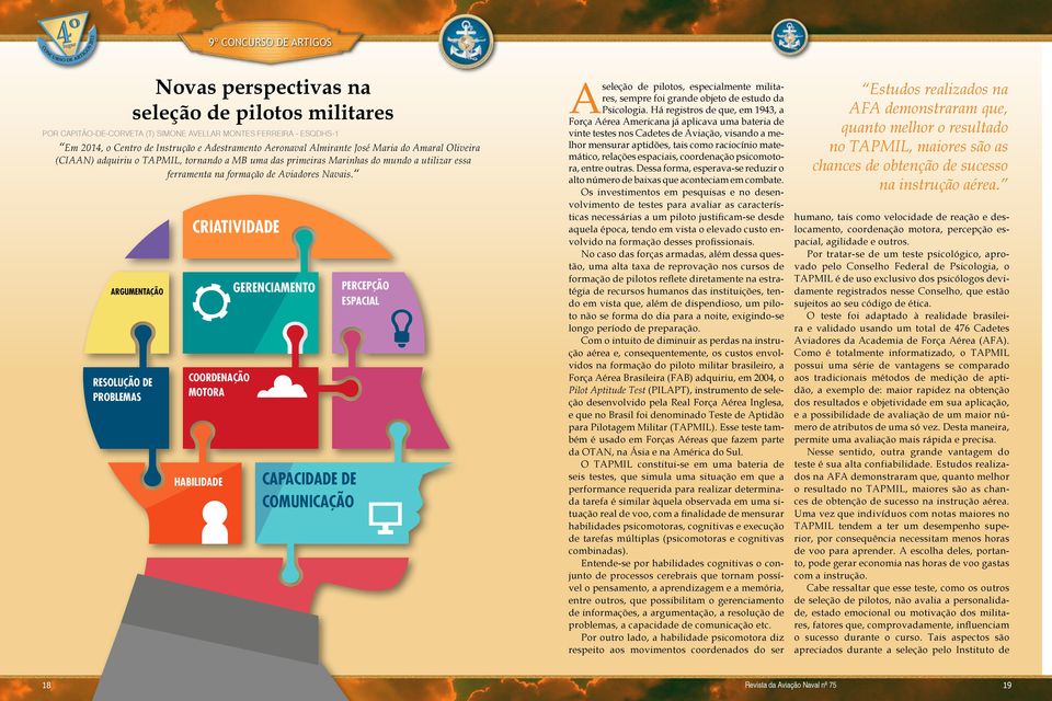 ARGUMENTAÇÃO RESOLUÇÃO DE PROBLEMAS CRIATIVIDADE COORDENAÇÃO MOTORA HABILIDADE GERENCIAMENTO CAPACIDADE DE COMUNICAÇÃO PERCEPÇÃO ESPACIAL A seleção de pilotos, especialmente militares, sempre foi