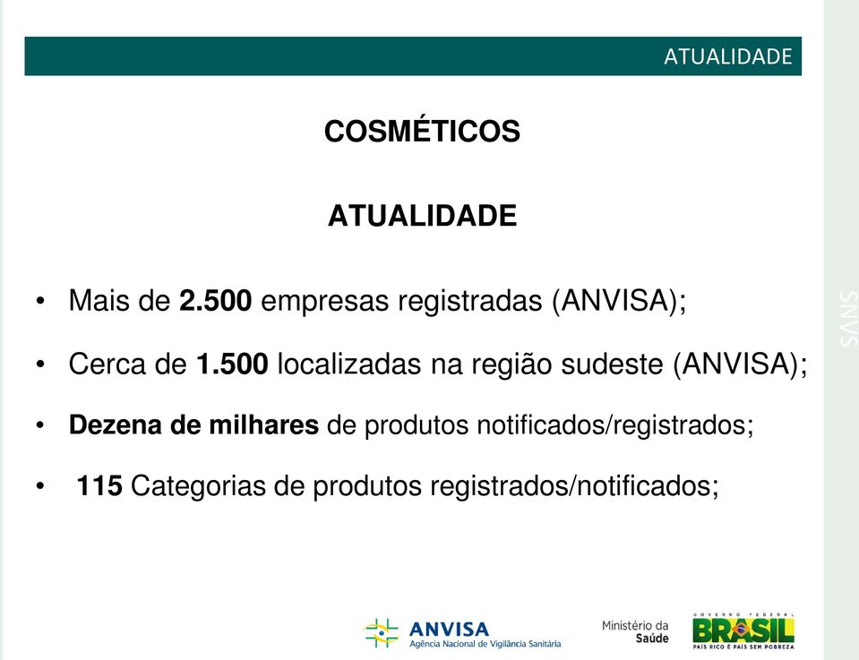 500 localizadas na região sudeste (ANVISA); Dezena de