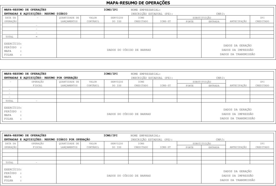 CNPJ: OPERAÇÃO FISCAL TOTAL QUANTIDADE DE LANÇAMENTOS SERVIÇOS DO ISS CREDITADO ST FONTE ENTRADA ANTECIPAÇÃO IPI CREDITADO MAPA : MAPARESUMO DE OPERAÇÕES /IPI NOME EMPRESARIAL: ENTRADAS E