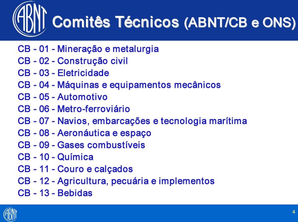 CB 07 Navios, embarcações e tecnologia marítima CB 08 Aeronáutica e espaço CB 09 Gases