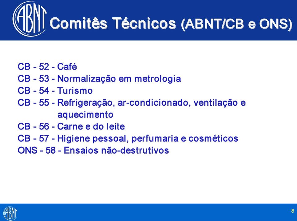 ventilação e aquecimento CB 56 Carne e do leite CB 57 Higiene