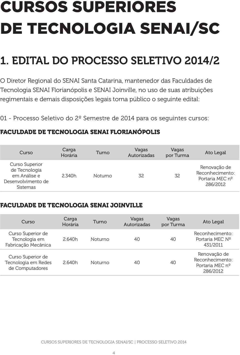 demais disposições legais torna público o seguinte edital: 01 - Processo Seletivo do 2º Semestre de 2014 para os seguintes cursos: FACULDADE DE TECNOLOGIA SENAI FLORIANÓPOLIS Curso Curso Superior de