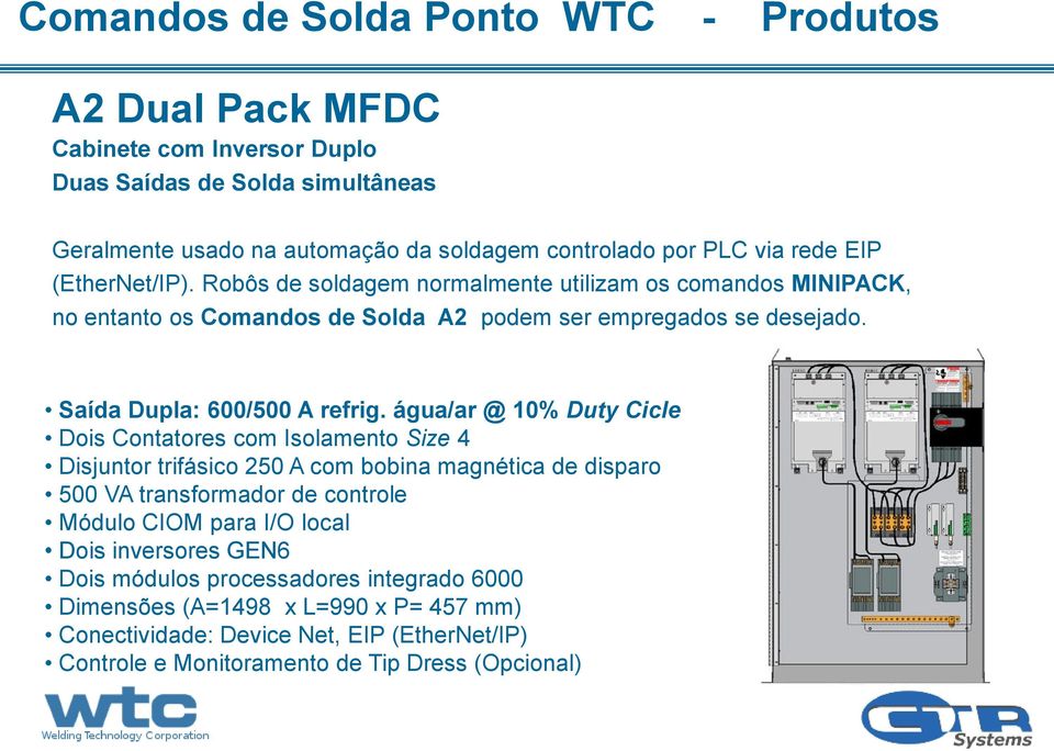 água/ar @ 10% Duty Cicle Dois Contatores com Isolamento Size 4 Disjuntor trifásico 250 A com bobina magnética de disparo 500 VA transformador de controle Módulo CIOM para I/O local Dois